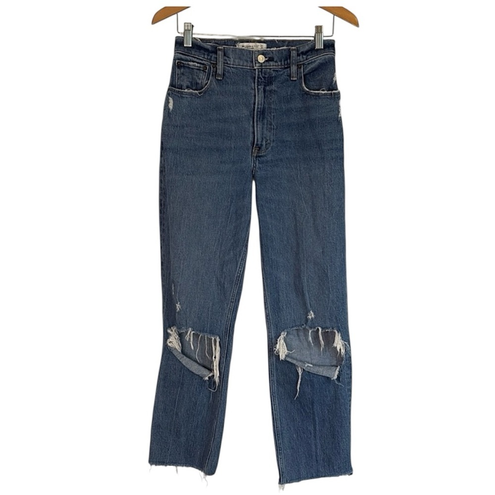 Abercrombie & Fitch Women's Straight Leg Distressed Dark Blue Jeans